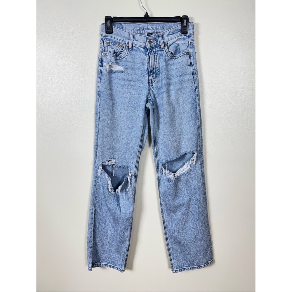 American Eagle Womens StovePipe Baggy Jeans Size 00 Grunge Light Wash Distressed